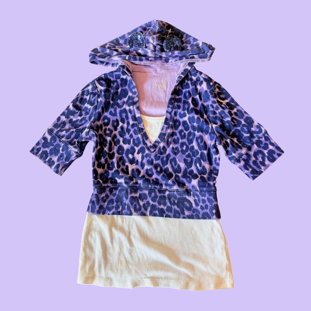 Y2K Justice Leopard Print Layered Hoodie Short Sleeve Sequin Ears Scene #17